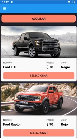 interfaz de selección dde vehiculo